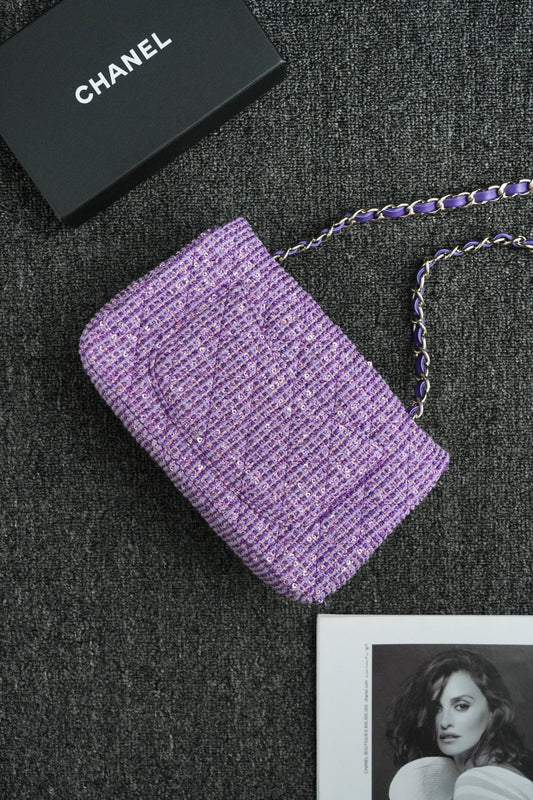 CH MINI CLASSIC HANDBAG 20 Cotton & Wool Tweed Purple