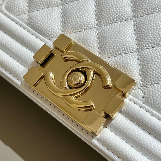 CH SMALL BOY HANDBAG 20 Small Grained Calfskin White