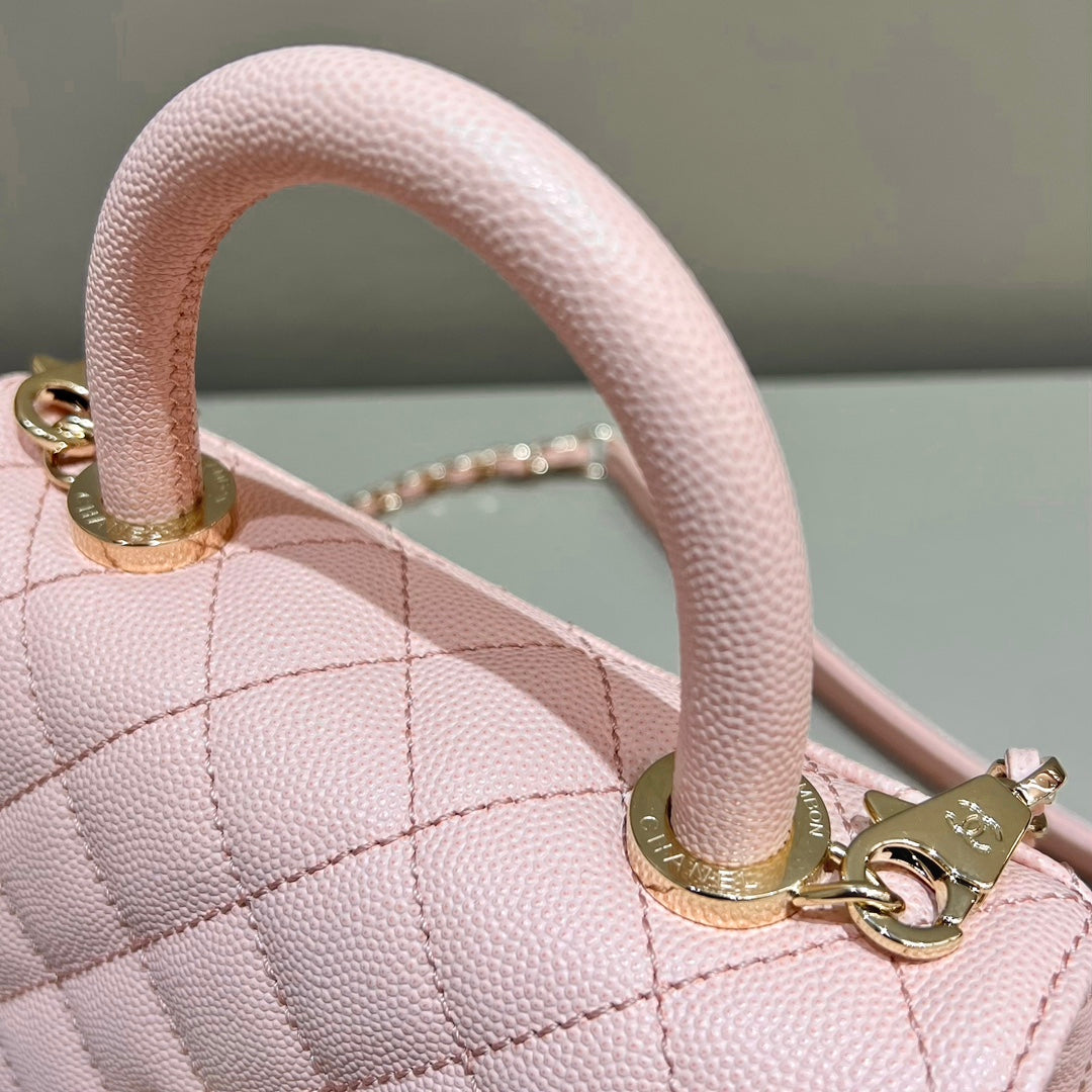 CH MINI FLAP BAG WITH TOP HANDLE 19 Grained Calfskin Pink