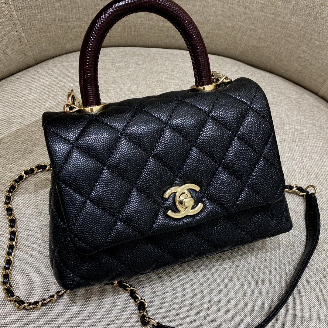 CH MINI FLAP BAG WITH TOP HANDLE 19 Grained Calfskin Lizard Handle Black