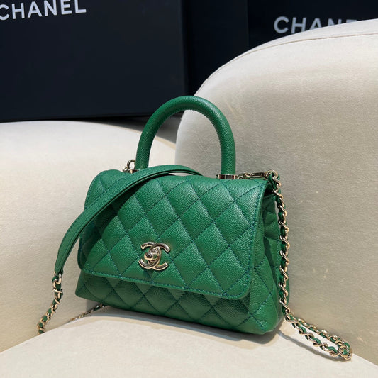 CH MINI FLAP BAG WITH TOP HANDLE 19 Grained Calfskin Green