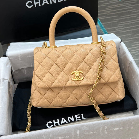 CH FLAP BAG WITH TOP HANDLE 24 Small Grained Calfskin Light Teas