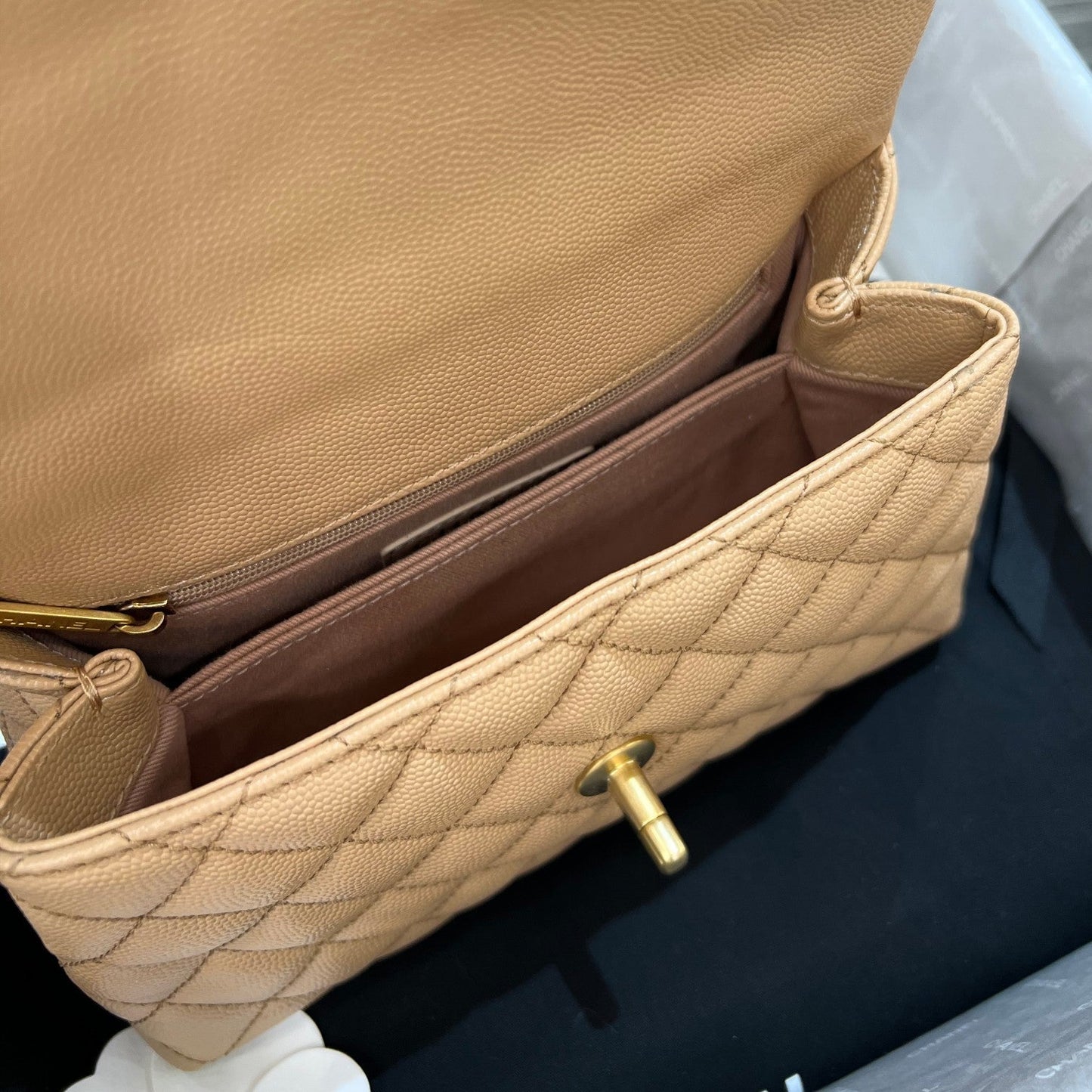 CH FLAP BAG WITH TOP HANDLE 24 Small Grained Calfskin Light Teas