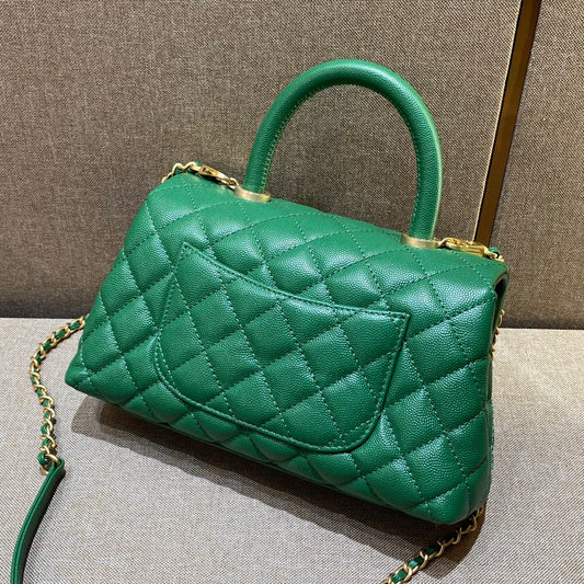 CH FLAP BAG WITH TOP HANDLE 24 Small Grained Calfskin Green