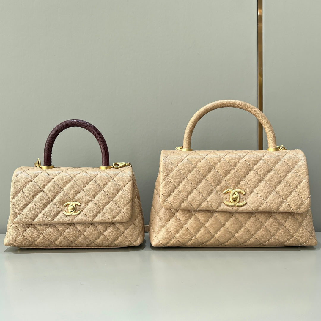 CH FLAP BAG WITH TOP HANDLE 24 Small Grained Calfskin Lizard Handle Light Teas