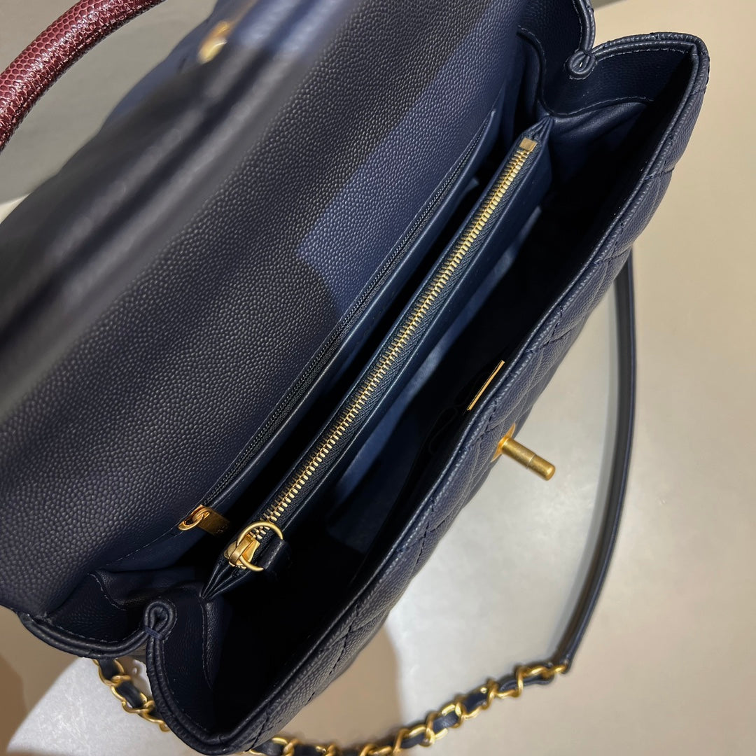 CH LARGE FLAP BAG WITH TOP HANDLE 29 Small Grained Calfskin Lizard Handle Navy Blue