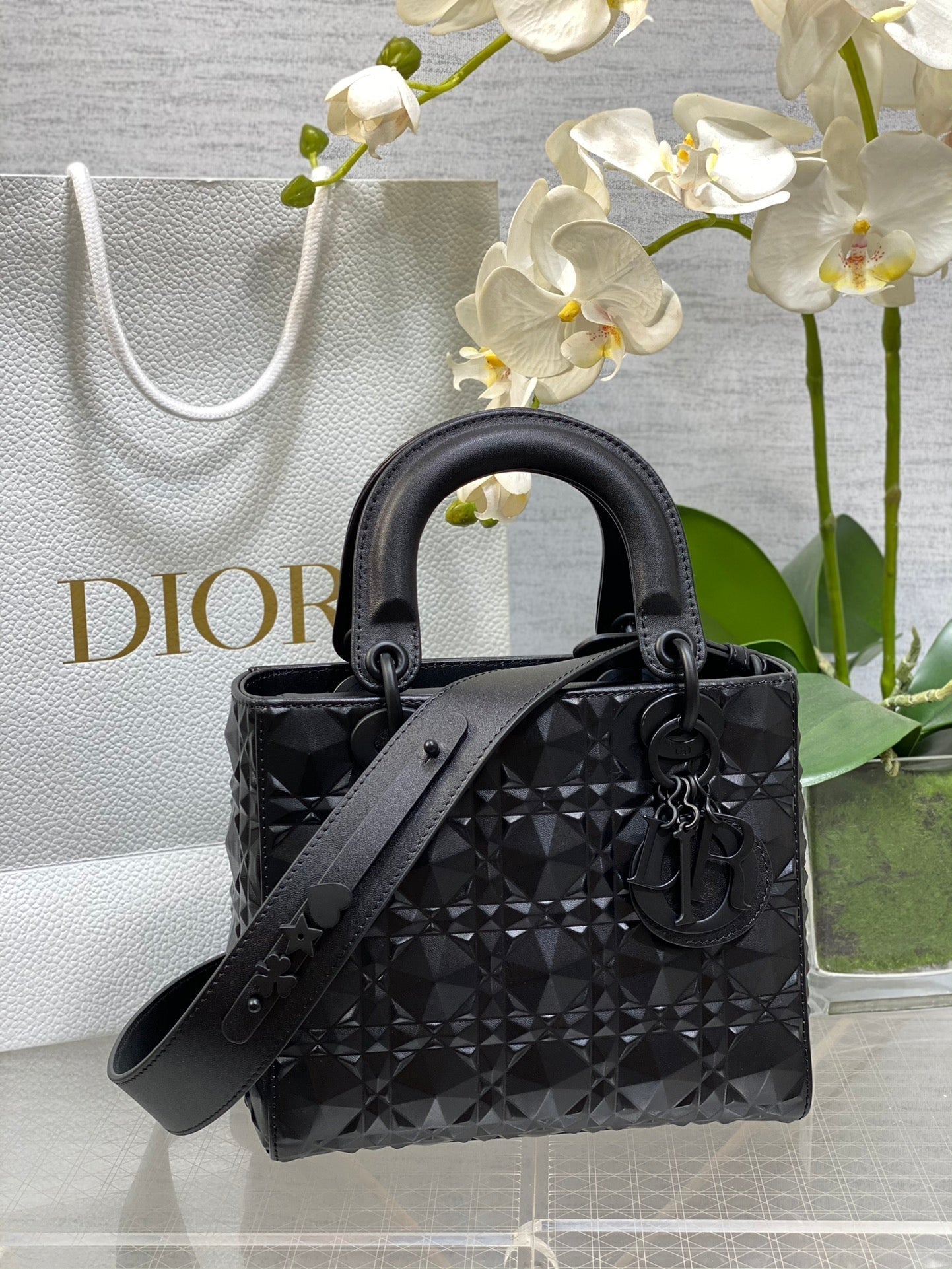 DO Mini Lady Bag Matte Black Diamond Pattern Calfskin