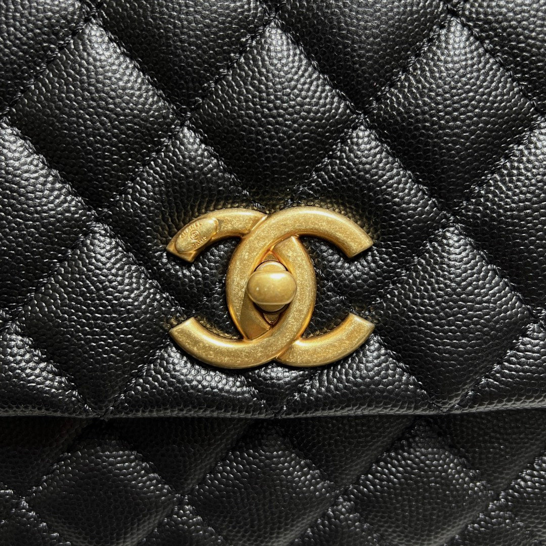 CH LARGE FLAP BAG WITH TOP HANDLE 29  Small Grained Calfskin Black