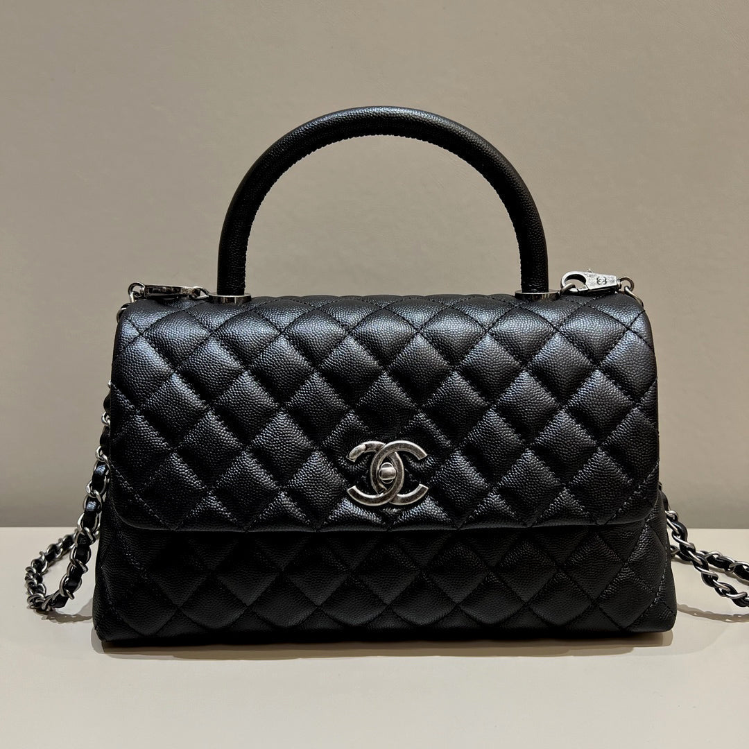 CH LARGE FLAP BAG WITH TOP HANDLE 29  Small Grained Calfskin Black