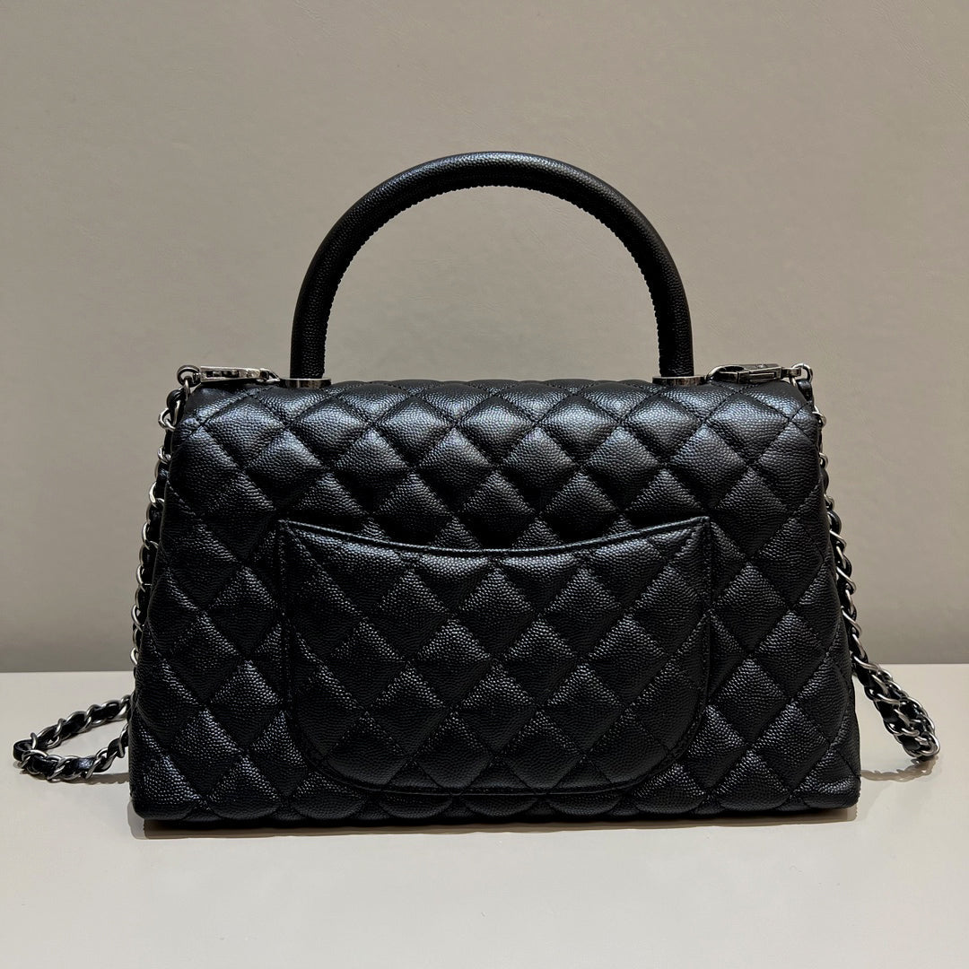 CH LARGE FLAP BAG WITH TOP HANDLE 29  Small Grained Calfskin Black