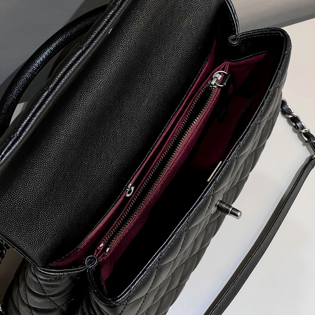 CH LARGE FLAP BAG WITH TOP HANDLE 29  Small Grained Calfskin Black