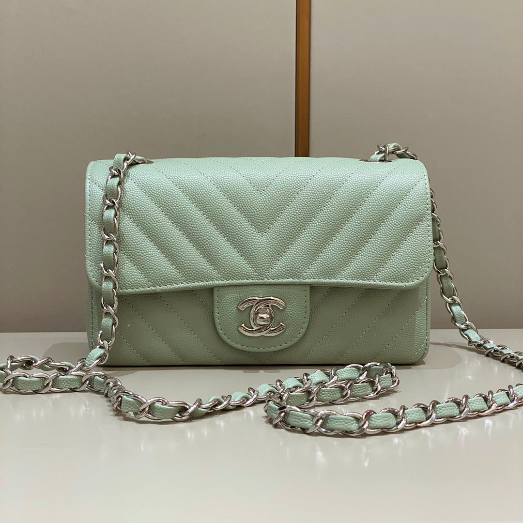 CH  MINI CLASSIC HANDBAG 20 Small Grained Calfskin V Pattern Matcha Green