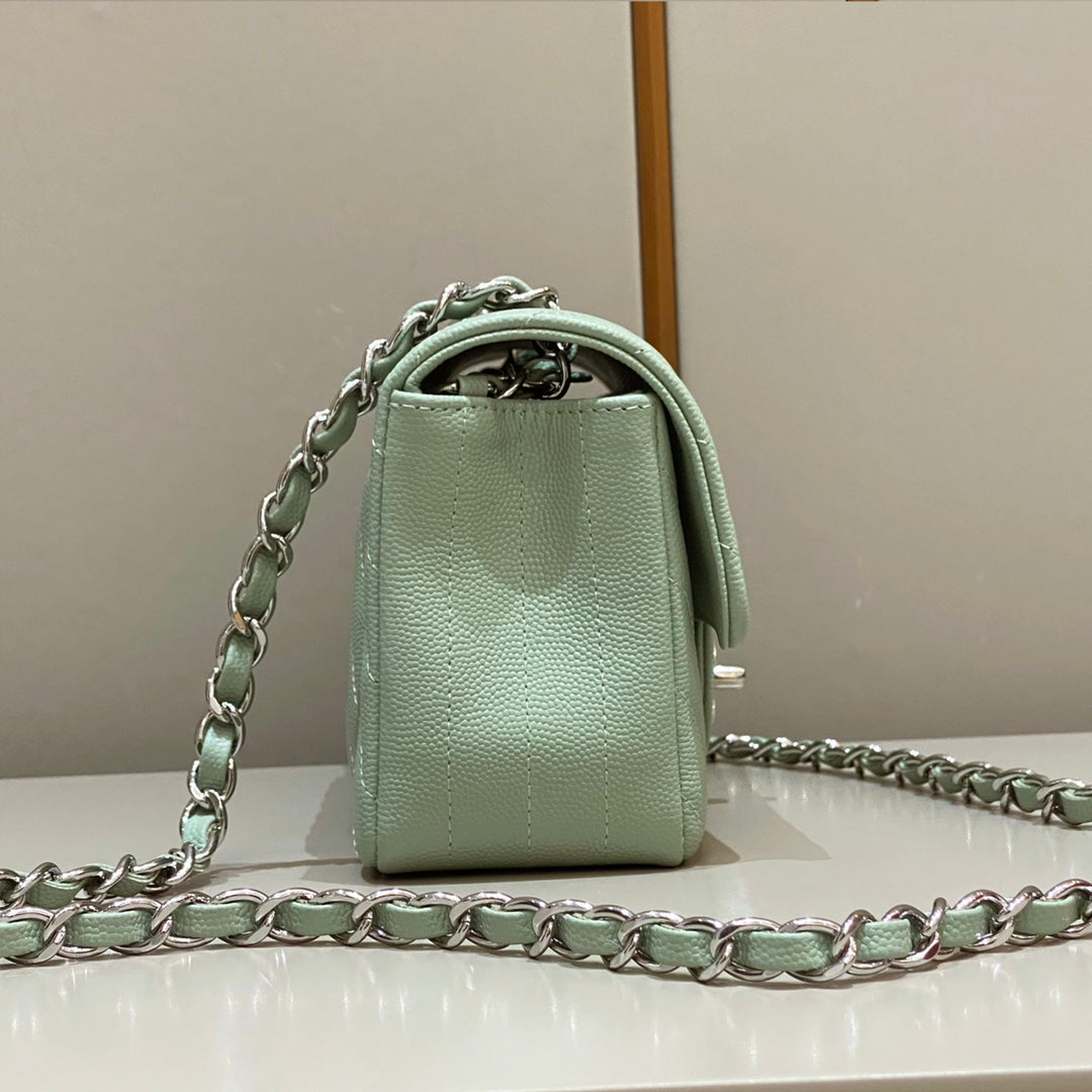 CH  MINI CLASSIC HANDBAG 20 Small Grained Calfskin V Pattern Matcha Green