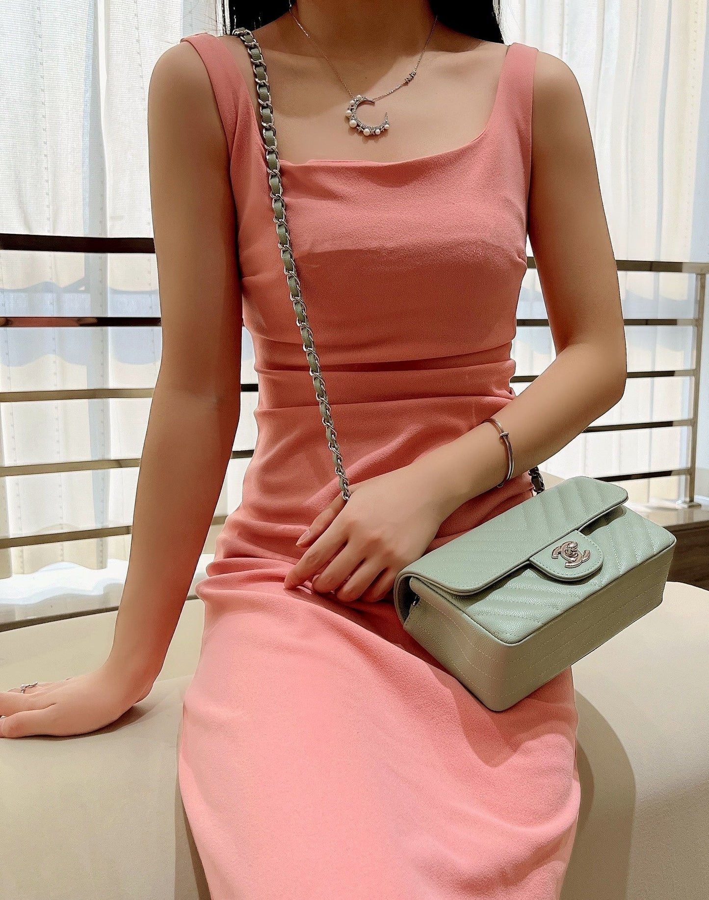 CH  MINI CLASSIC HANDBAG 20 Small Grained Calfskin V Pattern Matcha Green