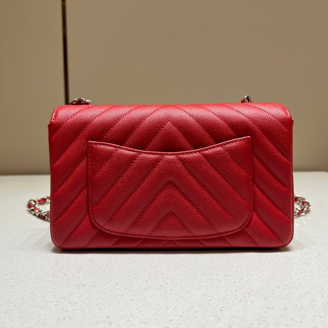 CH MINI CLASSIC HANDBAG 20 Small Grained Calfskin V Pattern Red