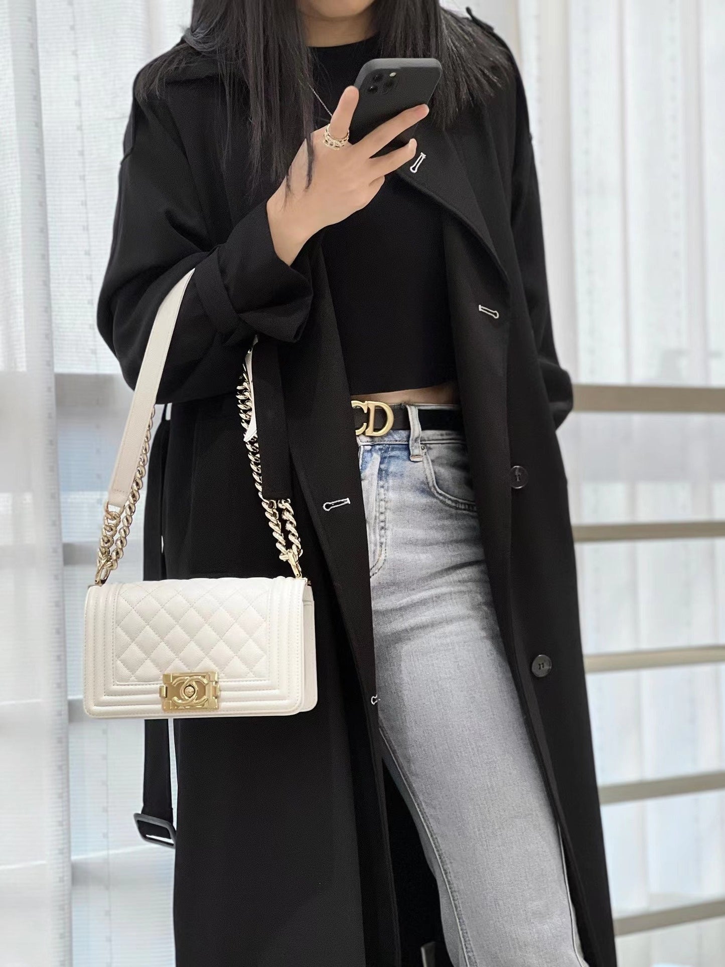 CH SMALL BOY HANDBAG 20 Small Grained Calfskin White