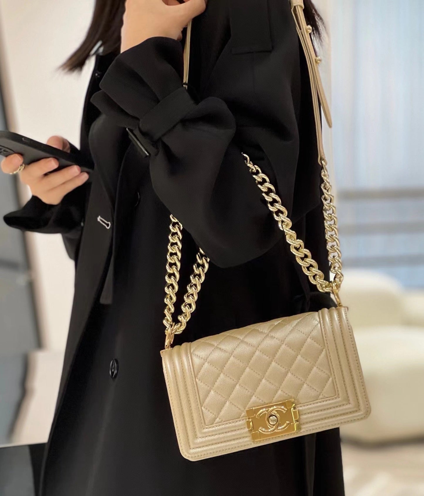 CH SMALL BOY HANDBAG 20 Small Grained Calfskin Champagne Gold