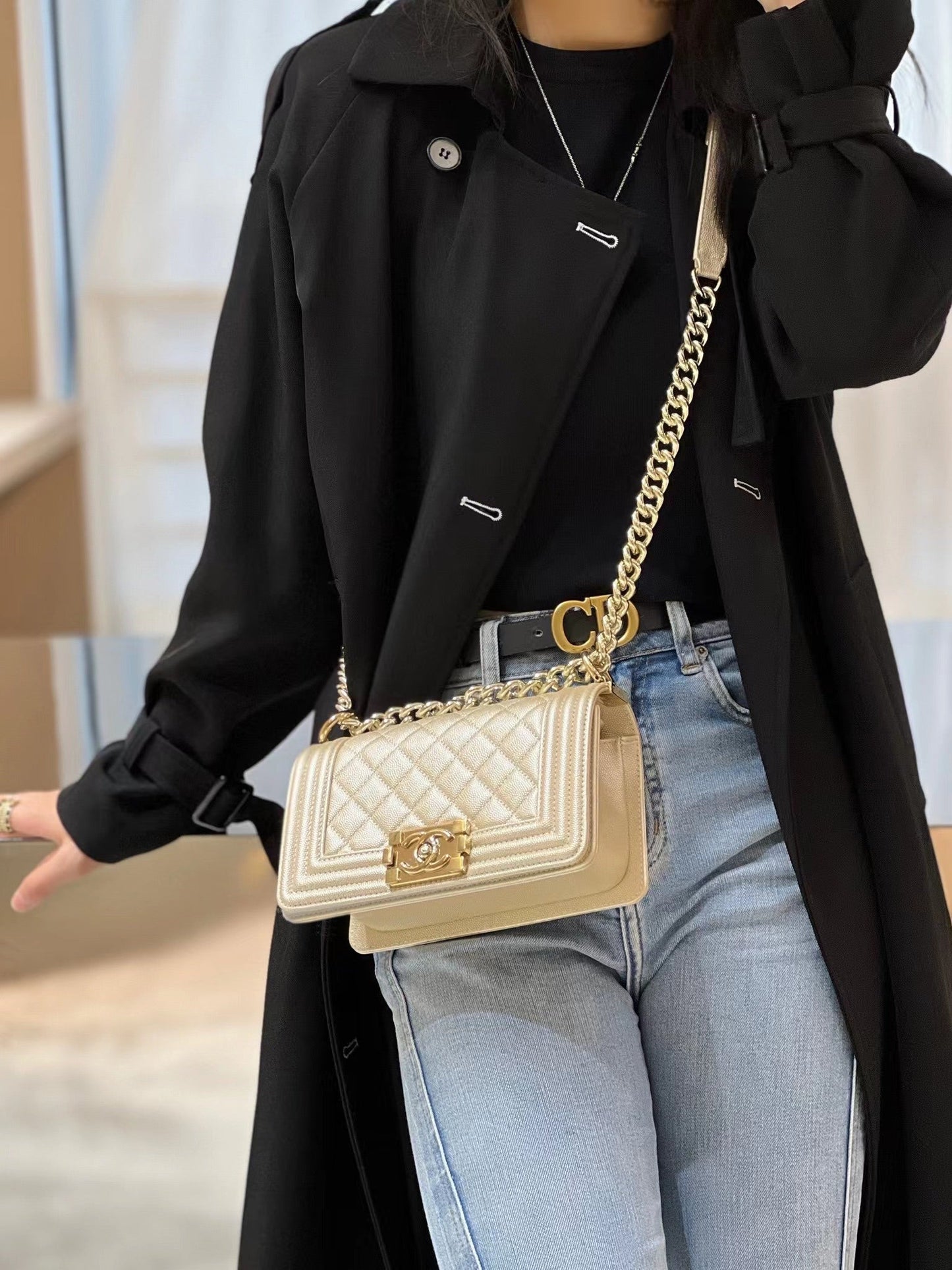 CH SMALL BOY HANDBAG 20 Small Grained Calfskin Champagne Gold