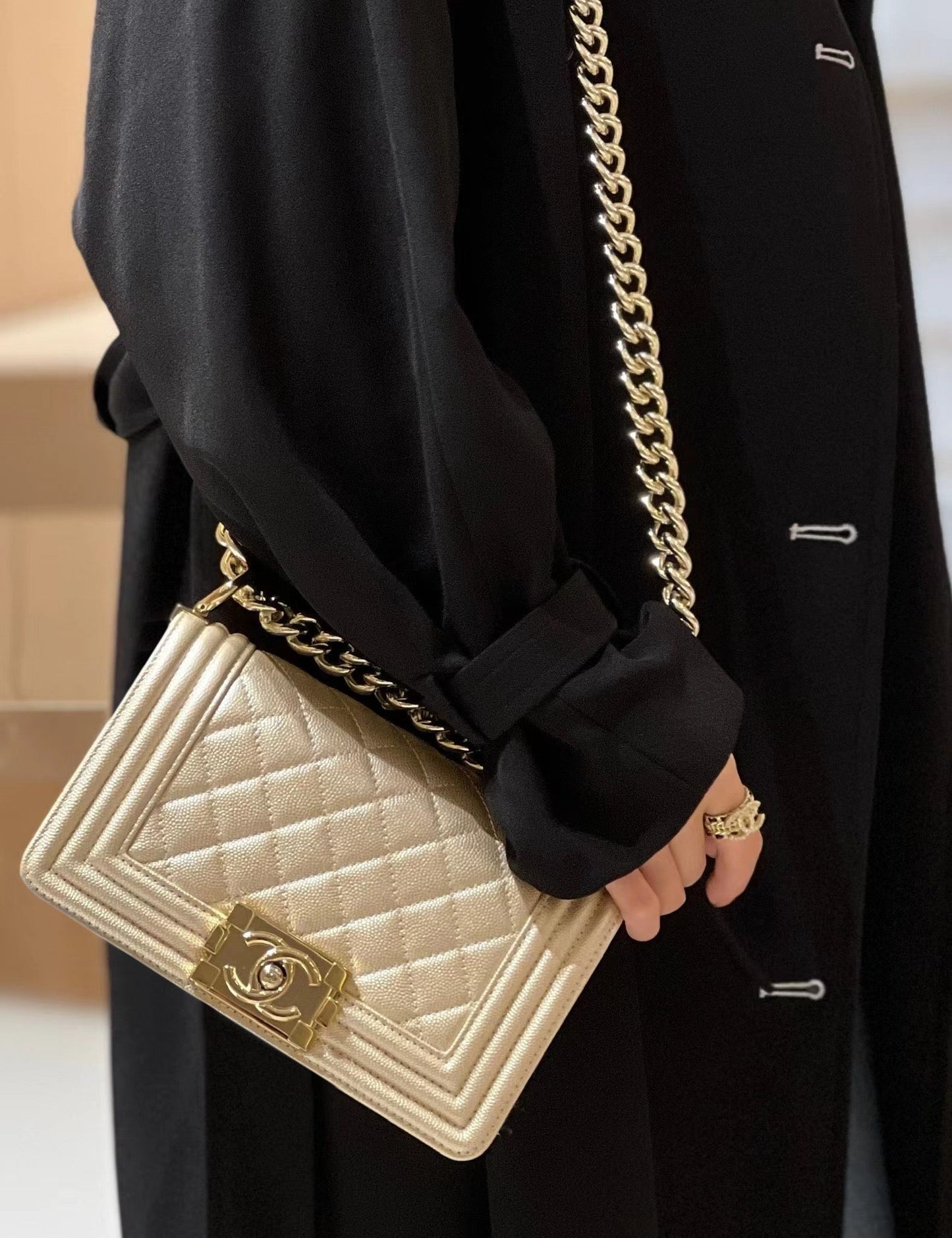 CH SMALL BOY HANDBAG 20 Small Grained Calfskin Champagne Gold