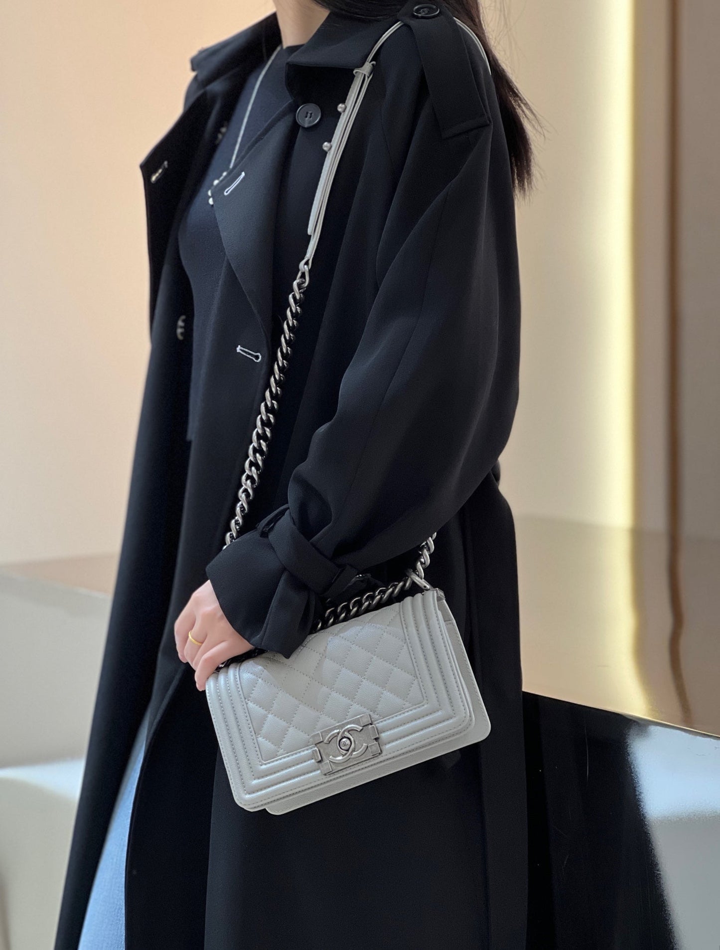 CH SMALL BOY HANDBAG 20 Small Grained Calfskin Elephant Gray