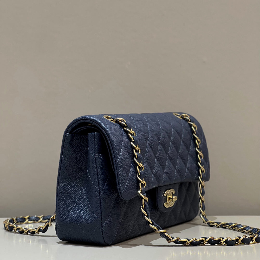CH  CLASSIC 11.12 HANDBAG 25.5 Grained Calfskin Navy Blue