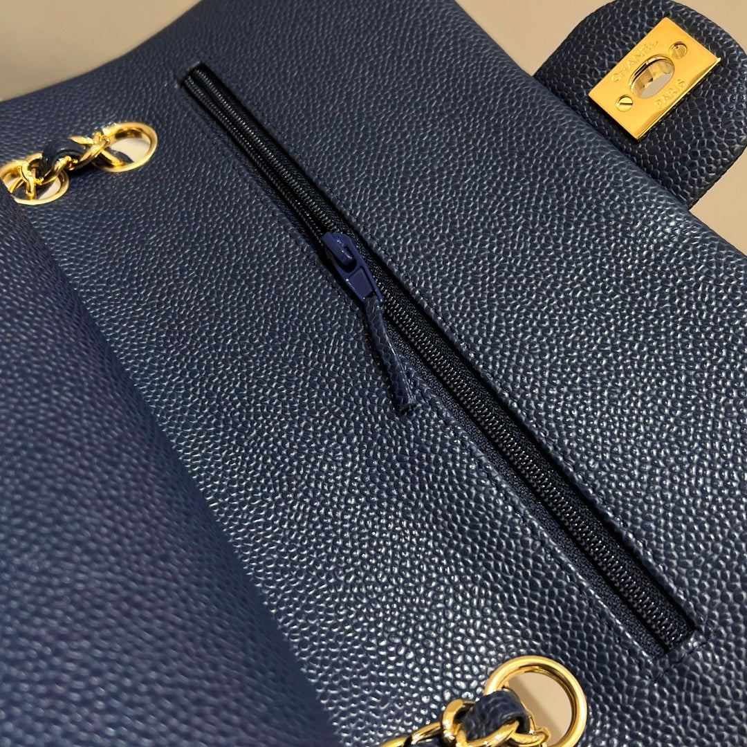 CH  CLASSIC 11.12 HANDBAG 25.5 Grained Calfskin Navy Blue