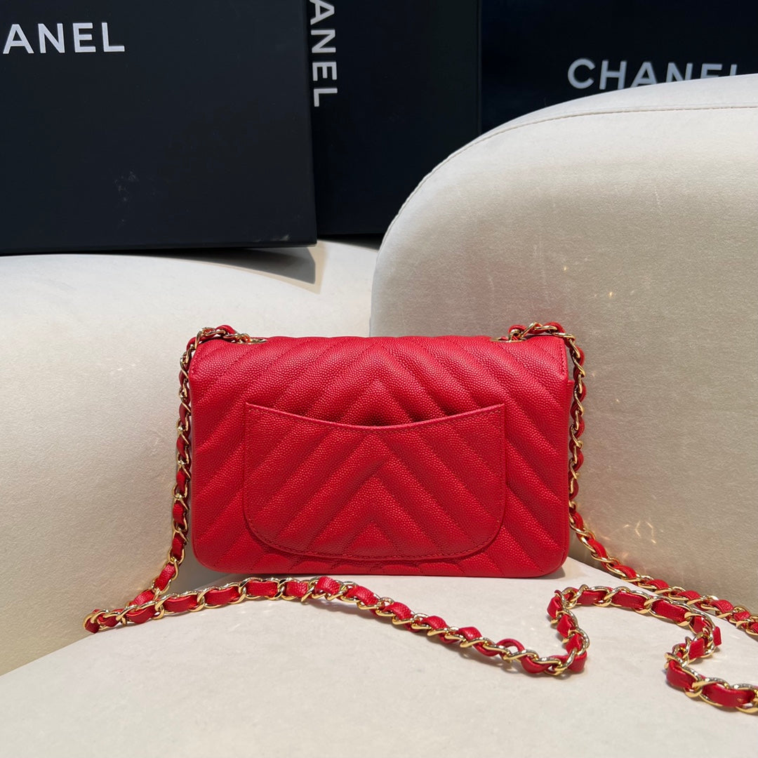 CH MINI CLASSIC HANDBAG 20 Small Grained Calfskin V Pattern Red