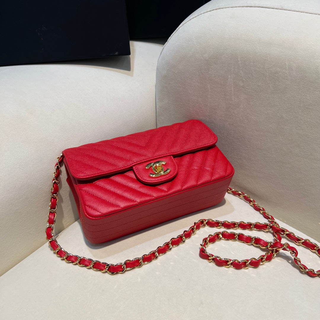 CH MINI CLASSIC HANDBAG 20 Small Grained Calfskin V Pattern Red