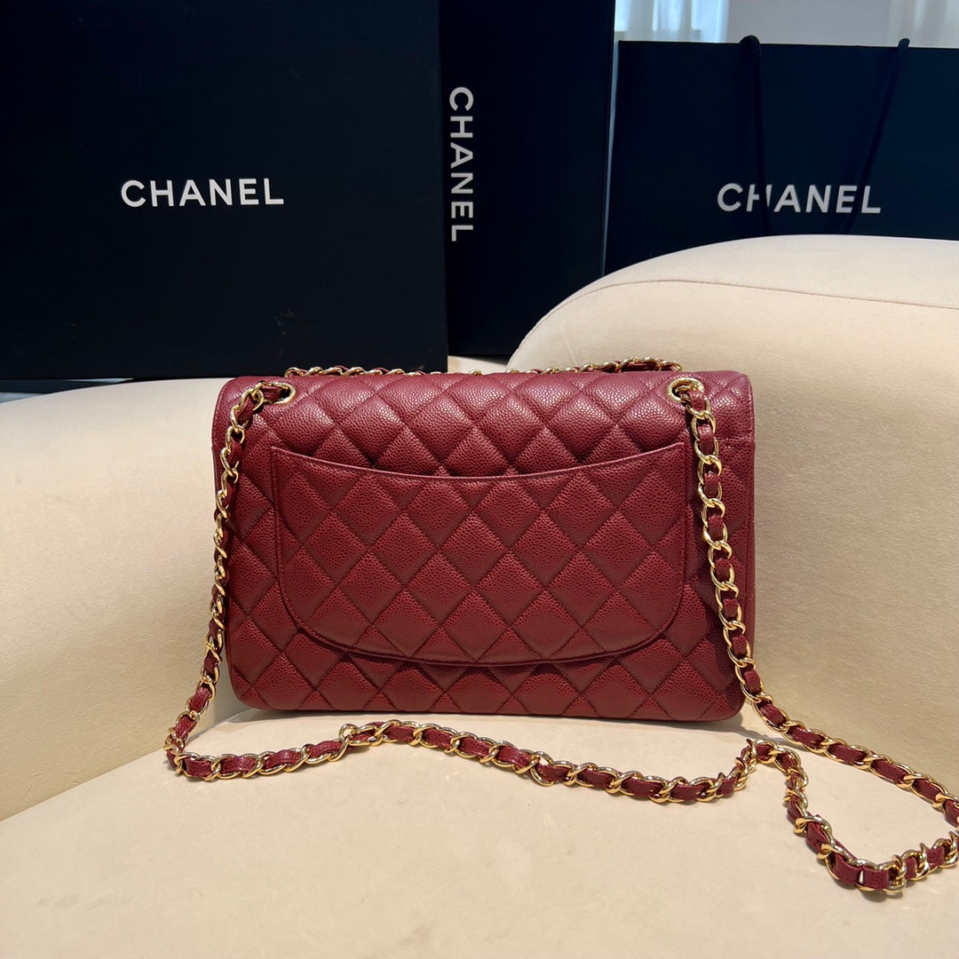 CH  LARGE CLASSIC HANDBAG 30 Grained Calfskin Red Wine Color