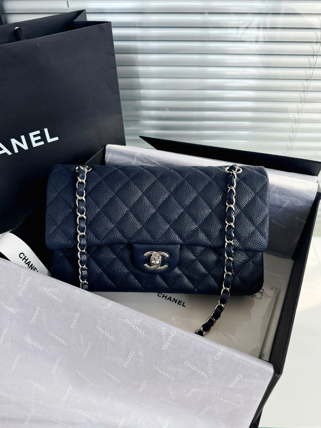 CH  CLASSIC 11.12 HANDBAG 25.5 Grained Calfskin Navy Blue