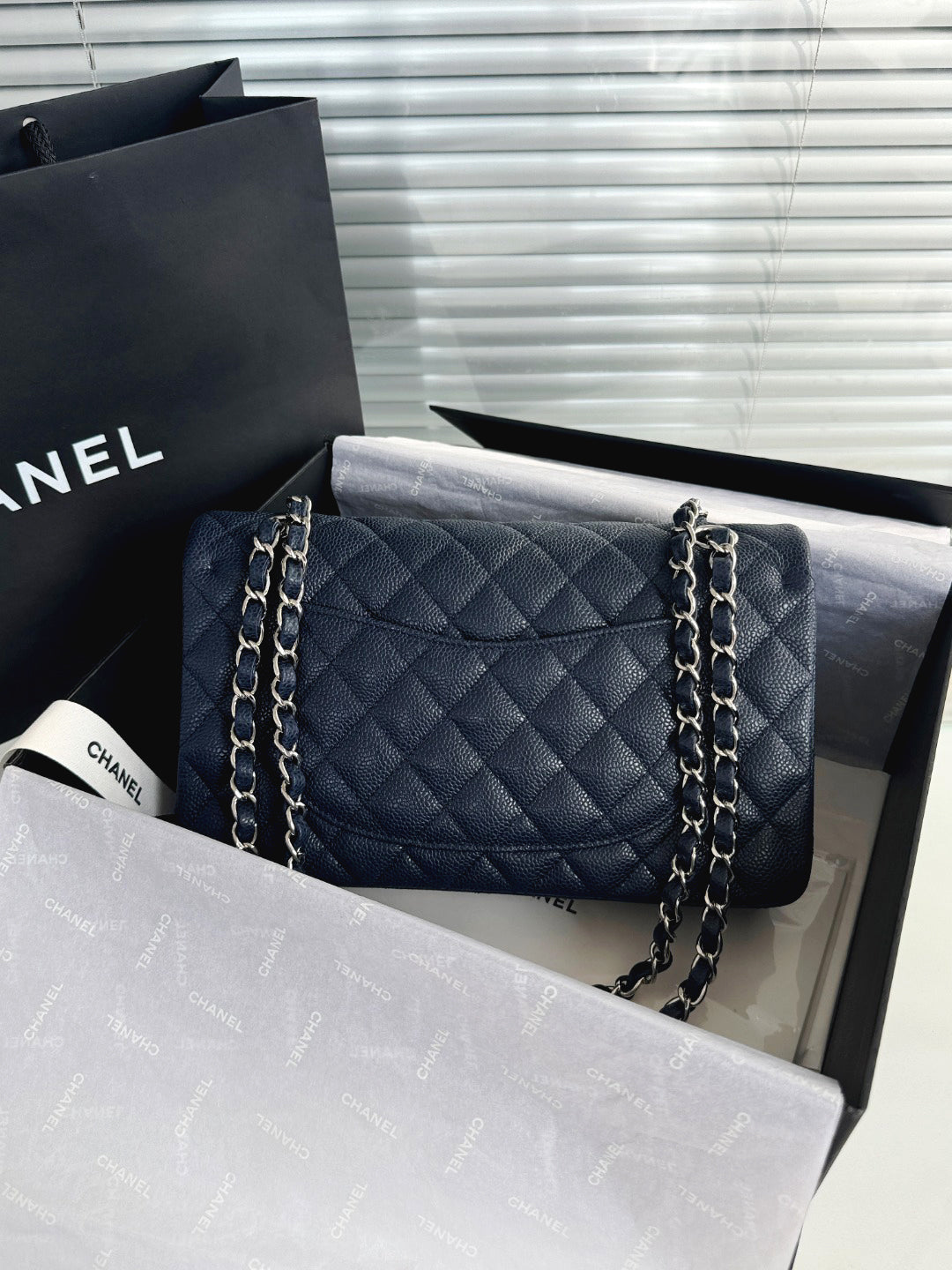 CH  CLASSIC 11.12 HANDBAG 25.5 Grained Calfskin Navy Blue