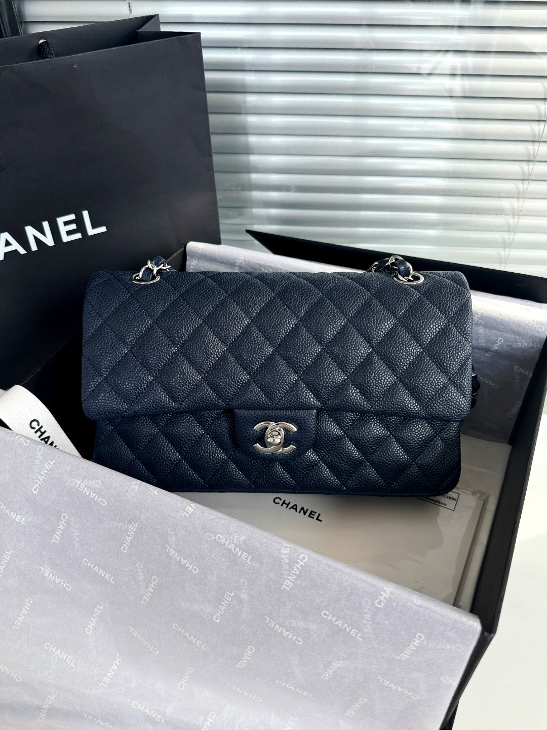 CH  CLASSIC 11.12 HANDBAG 25.5 Grained Calfskin Navy Blue