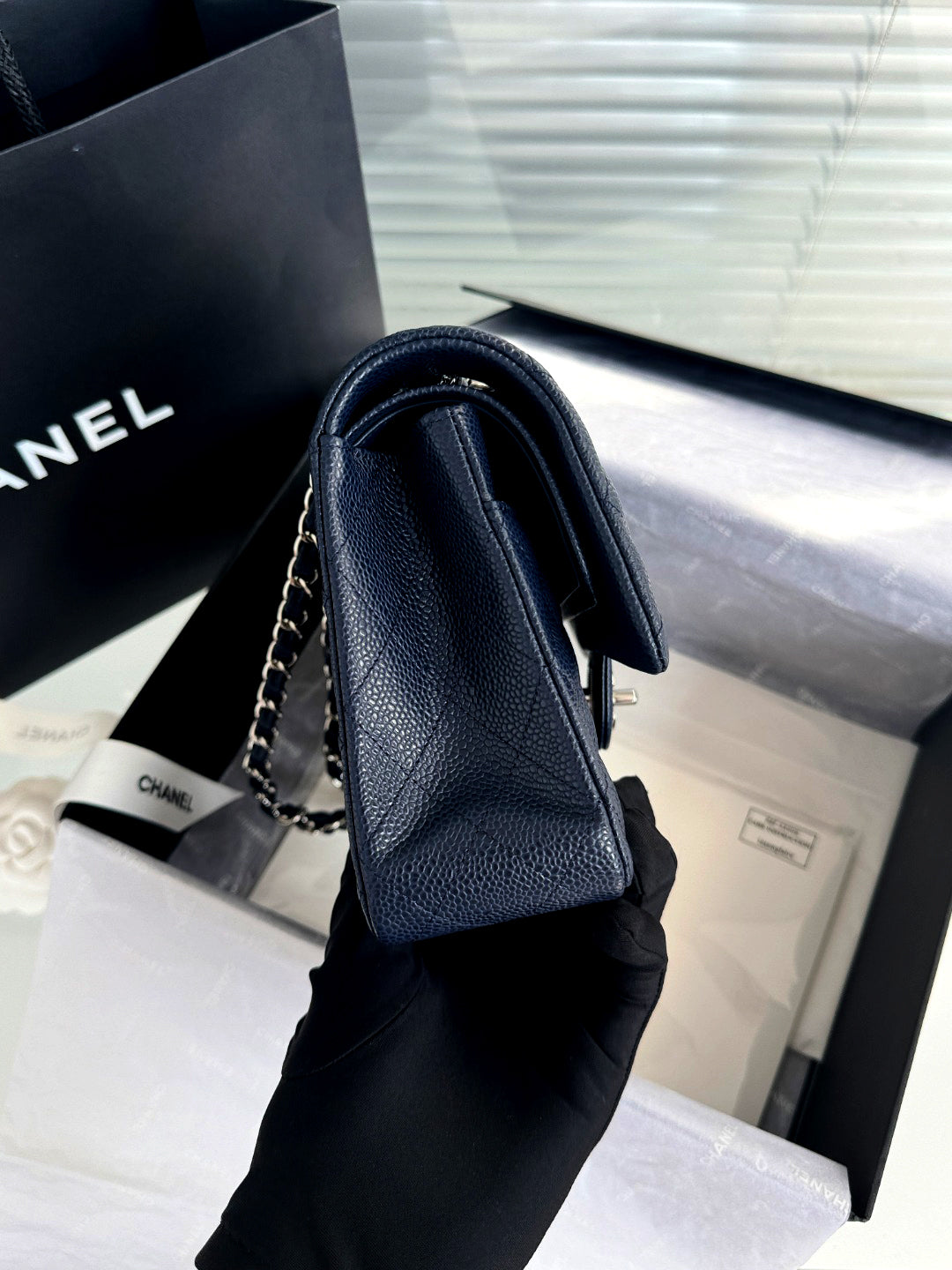 CH  CLASSIC 11.12 HANDBAG 25.5 Grained Calfskin Navy Blue