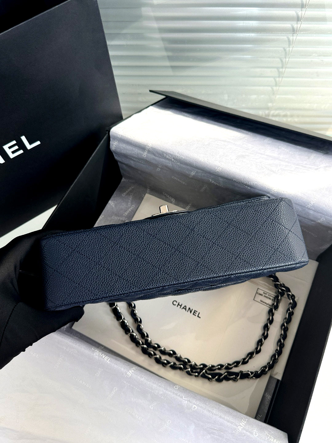 CH  CLASSIC 11.12 HANDBAG 25.5 Grained Calfskin Navy Blue