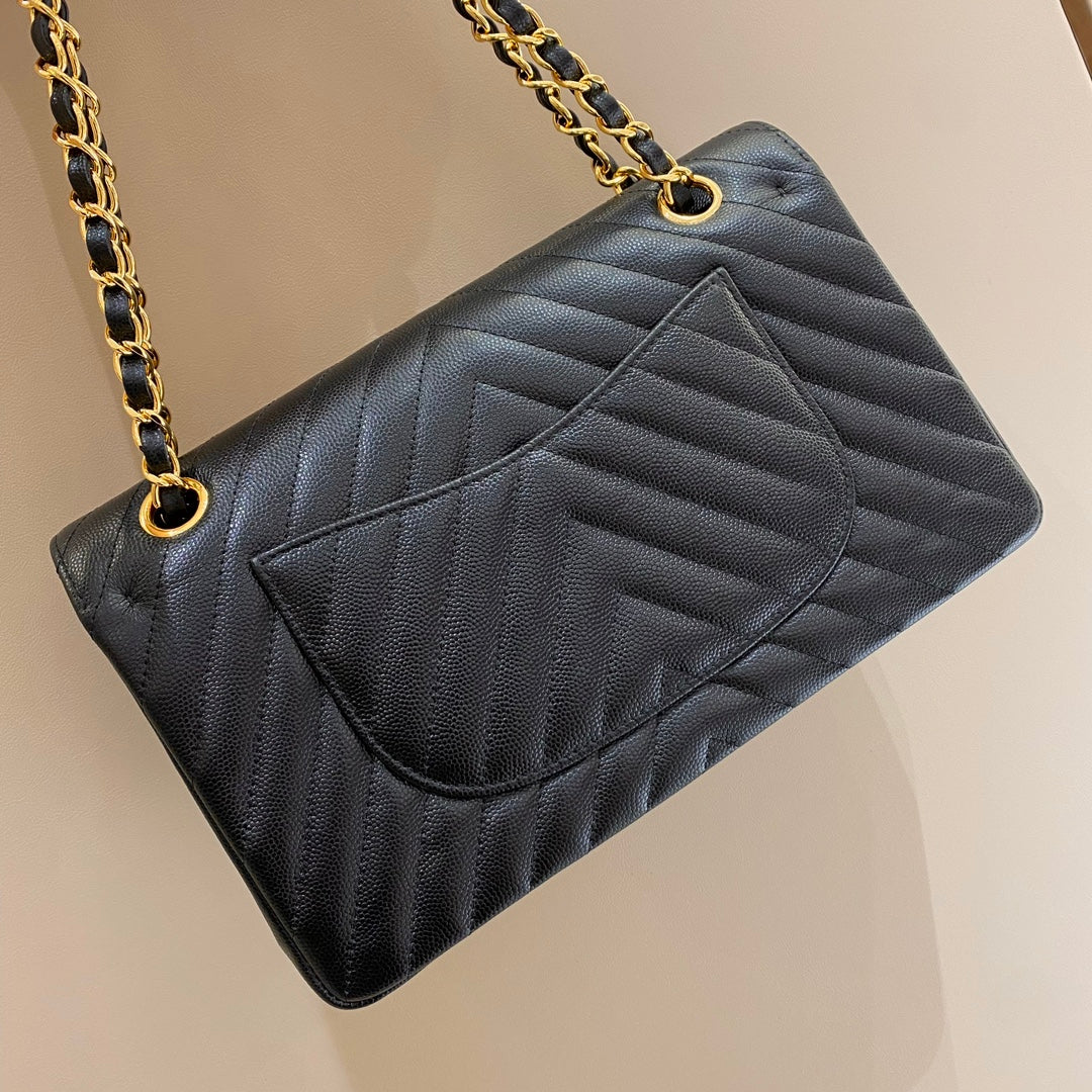 CH  CLASSIC 11.12 HANDBAG 25.5 Small Grained Calfskin  V Pattern Black