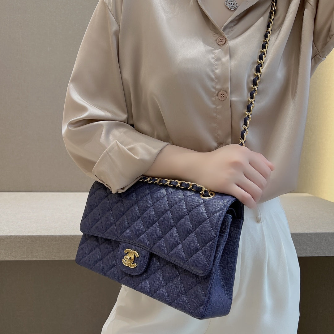 CH CLASSIC 11.12 HANDBAG 25.5 Small Grained Calfskin Navy Blue