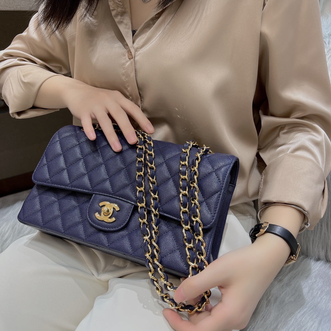 CH CLASSIC 11.12 HANDBAG 25.5 Small Grained Calfskin Navy Blue