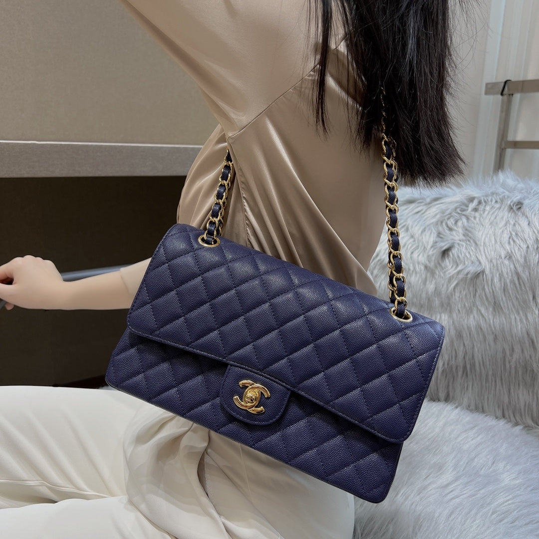 CH CLASSIC 11.12 HANDBAG 25.5 Small Grained Calfskin Navy Blue