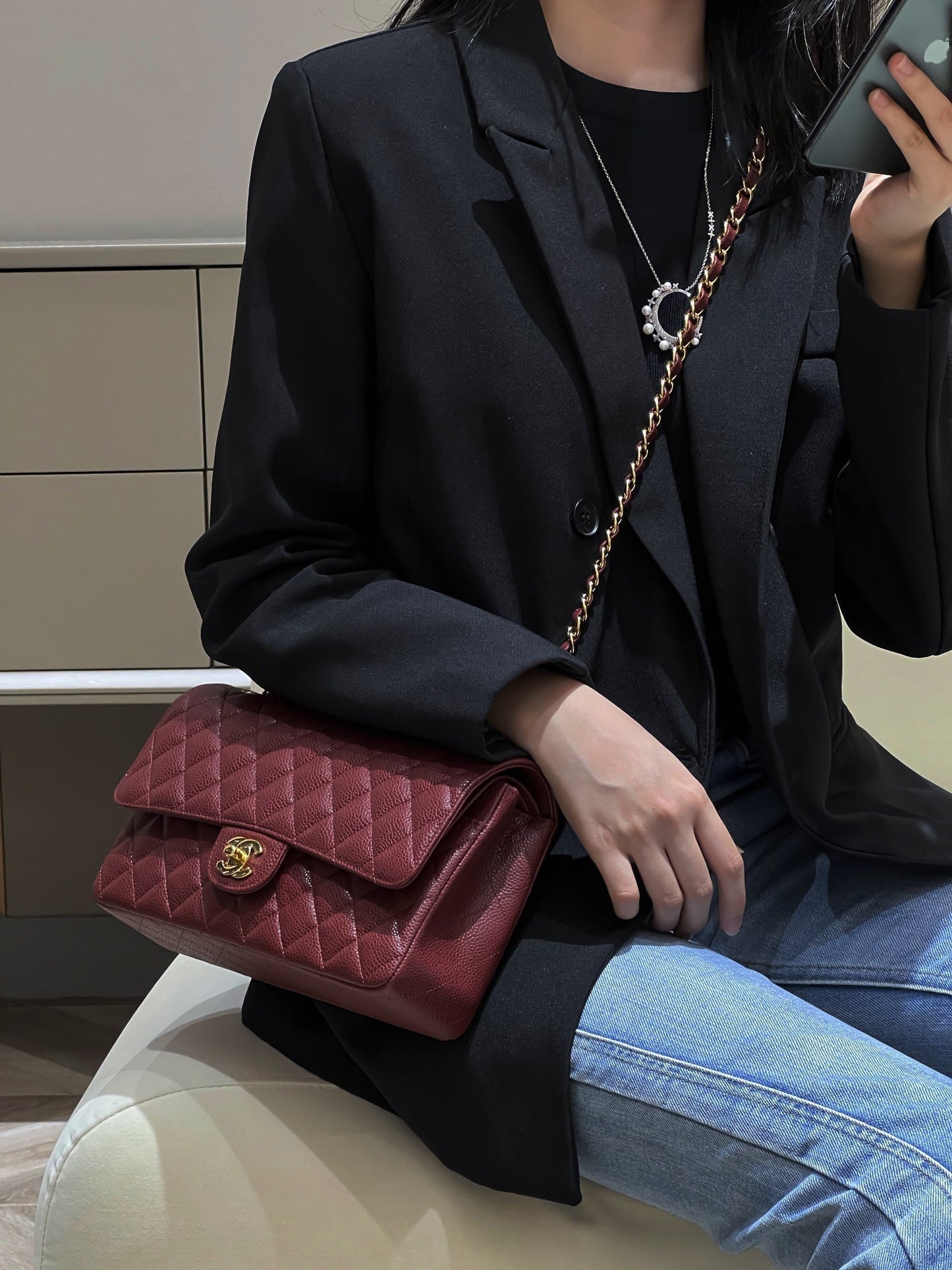 CH CLASSIC 11.12 HANDBAG 25.5 Grained Calfskin Red Wine Color