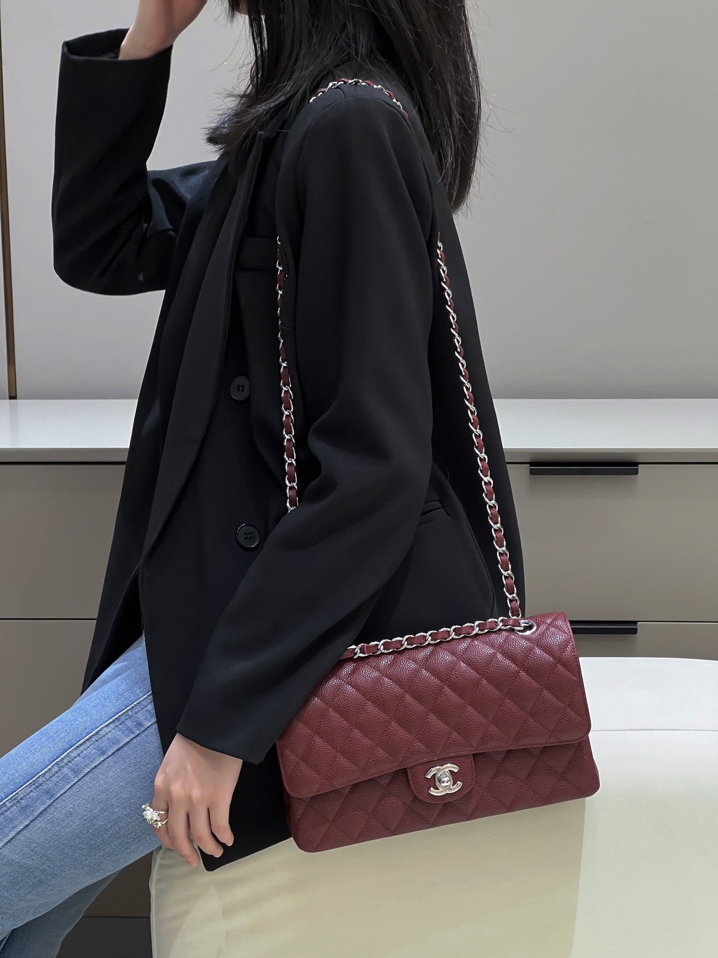 CH CLASSIC 11.12 HANDBAG 25.5 Grained Calfskin Red Wine Color