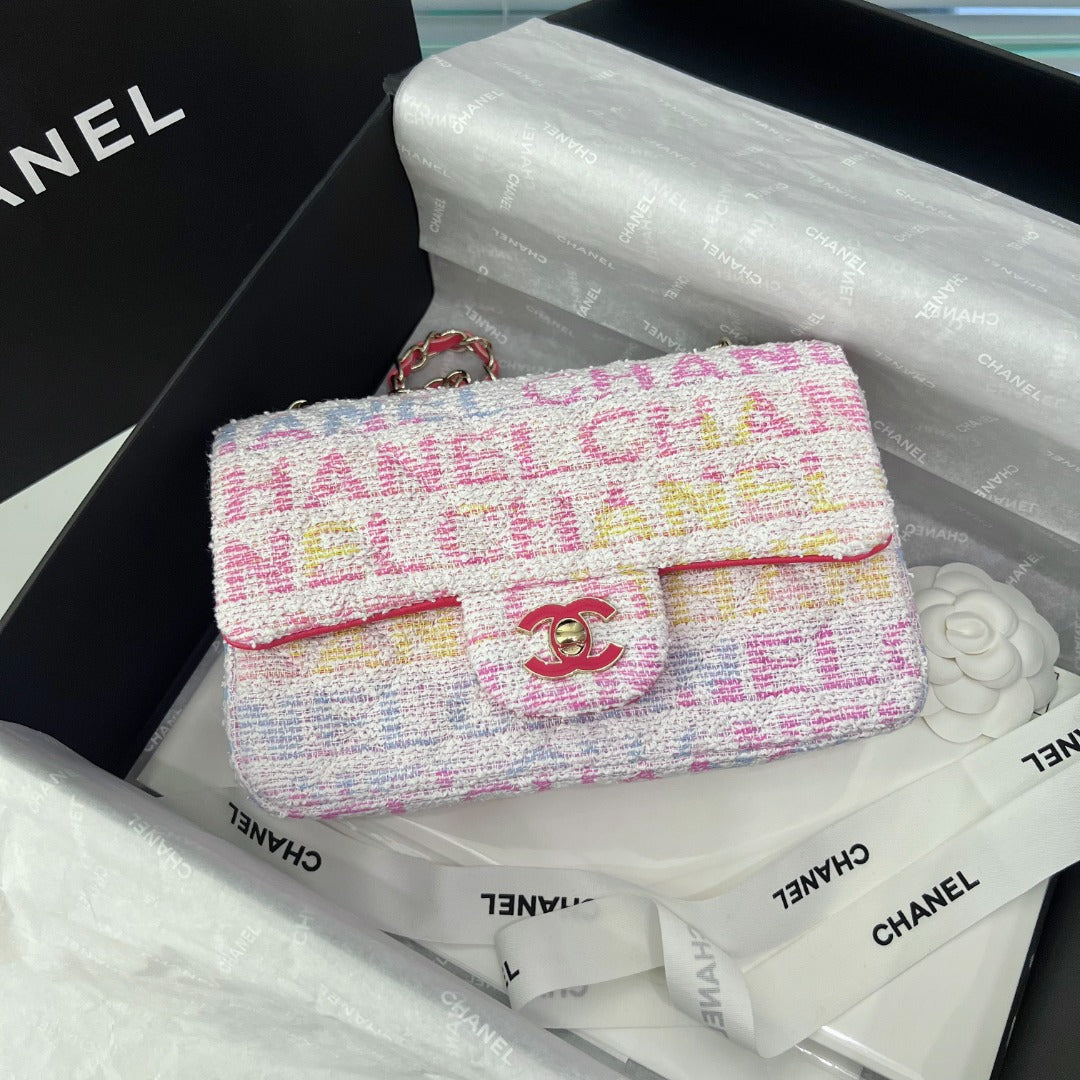 CH  MINI CLASSIC HANDBAG 20 Cotton & Wool Tweed Red, Pink & Yellow, White