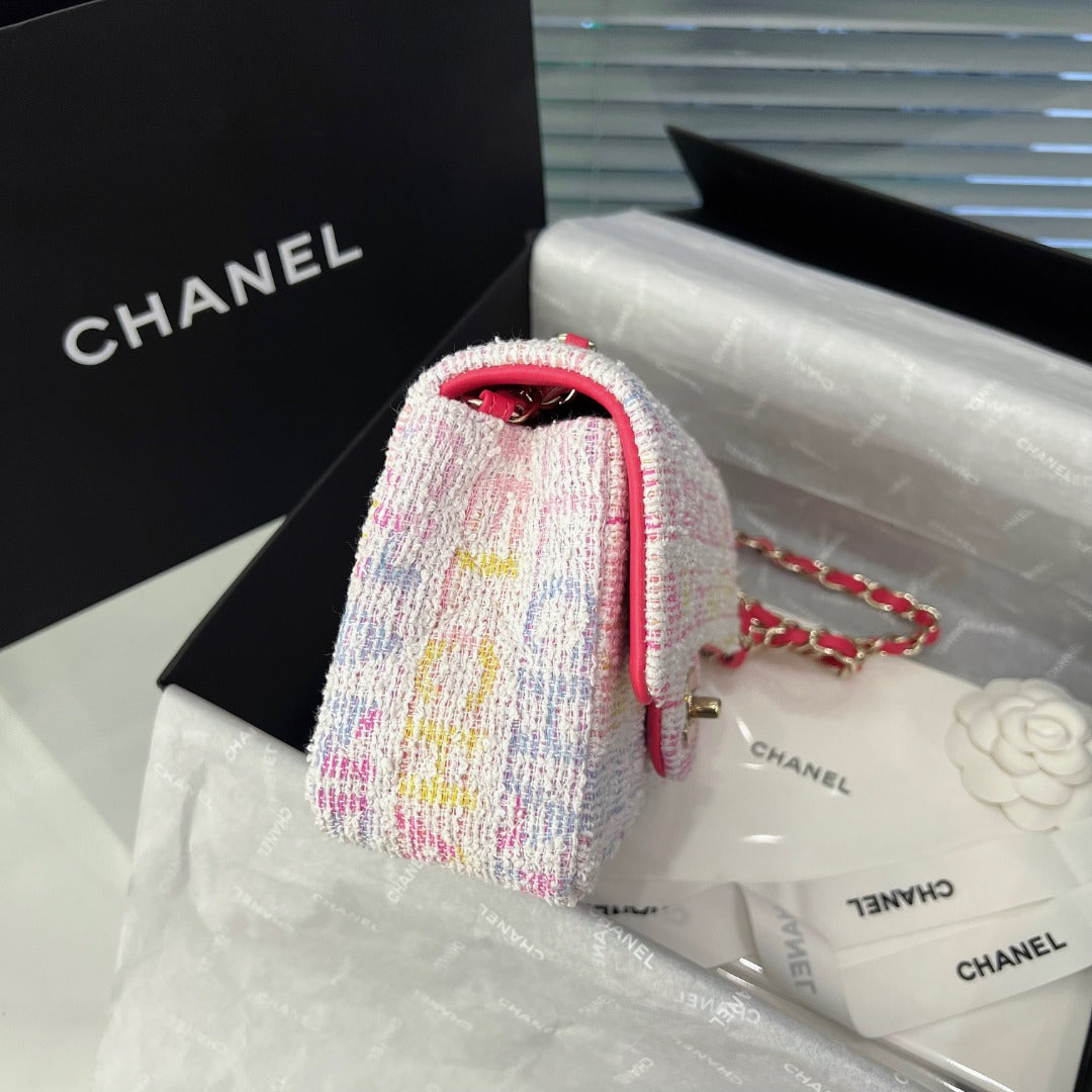 CH  MINI CLASSIC HANDBAG 20 Cotton & Wool Tweed Red, Pink & Yellow, White