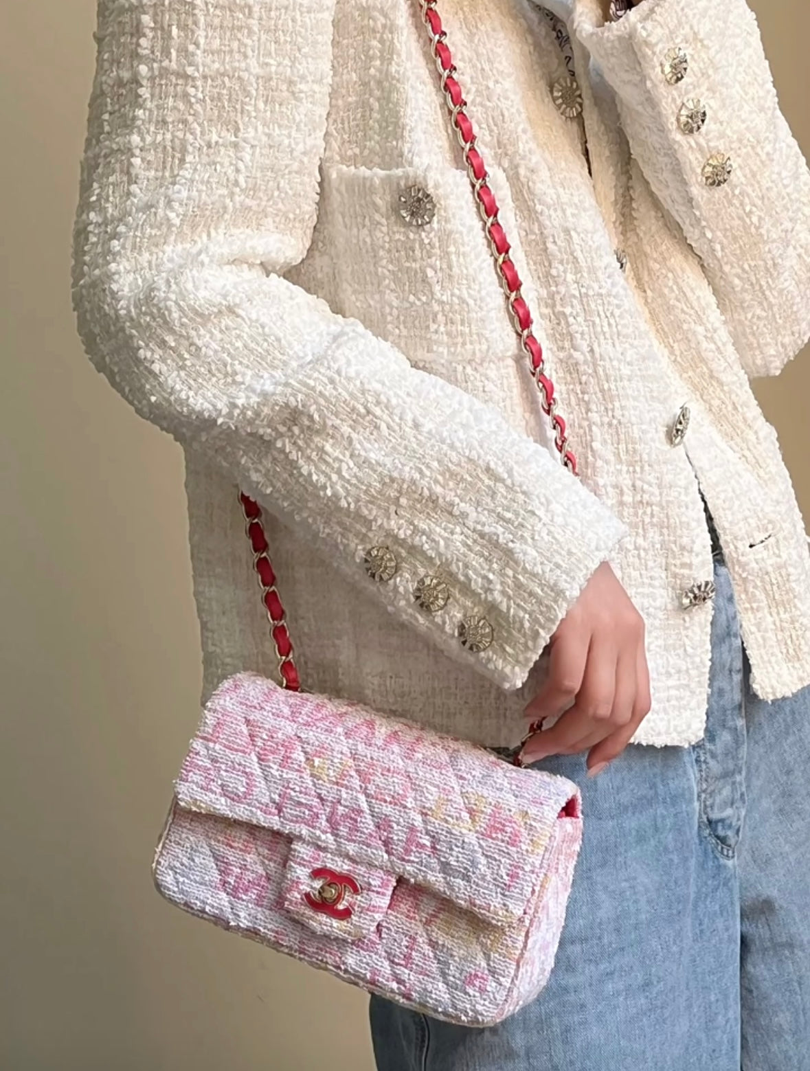 CH  MINI CLASSIC HANDBAG 20 Cotton & Wool Tweed Red, Pink & Yellow, White