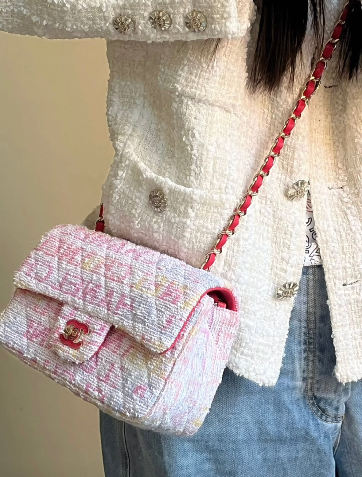 CH  MINI CLASSIC HANDBAG 20 Cotton & Wool Tweed Red, Pink & Yellow, White