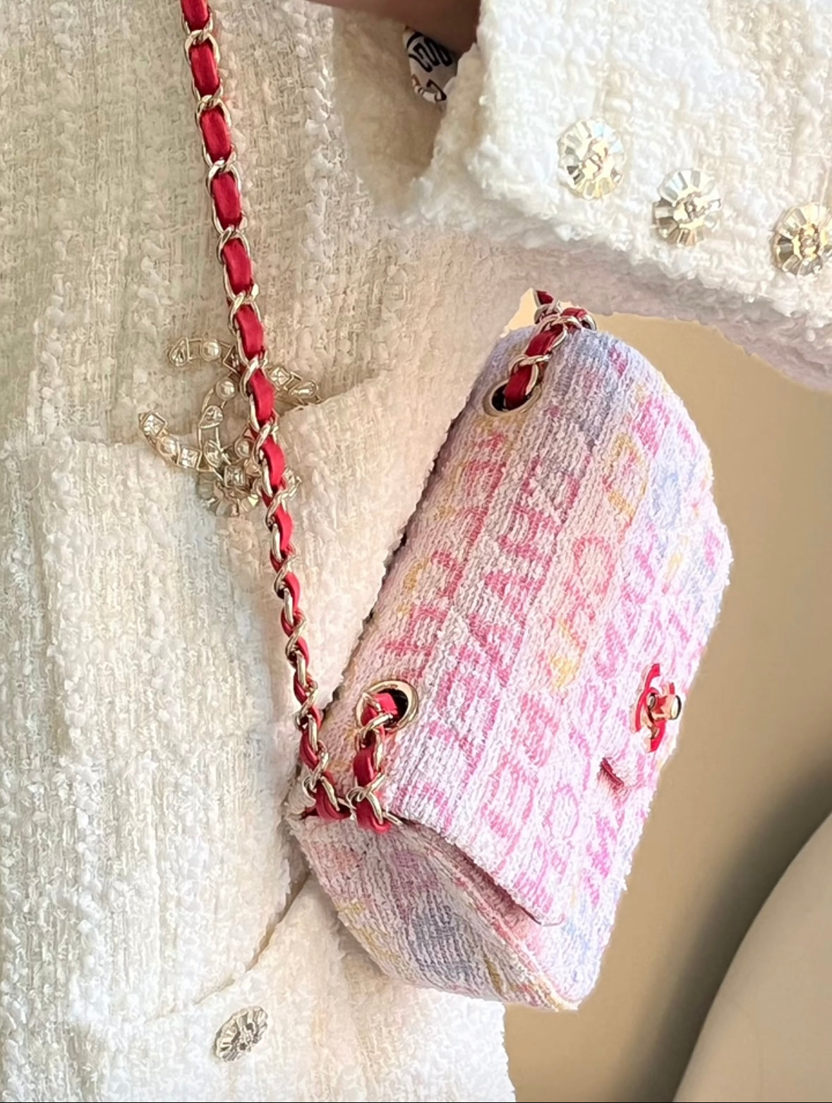 CH  MINI CLASSIC HANDBAG 20 Cotton & Wool Tweed Red, Pink & Yellow, White