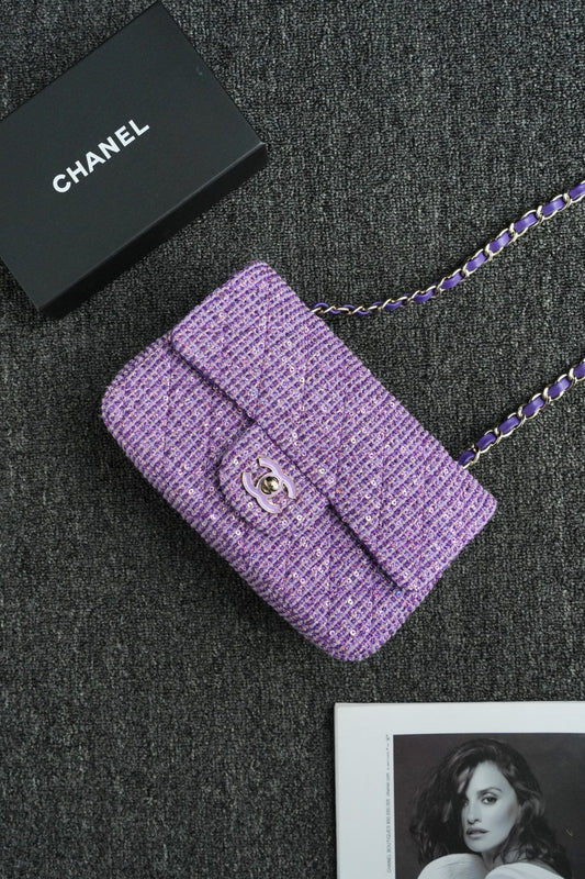 CH  MINI CLASSIC HANDBAG 20 Cotton & Wool Tweed Purple