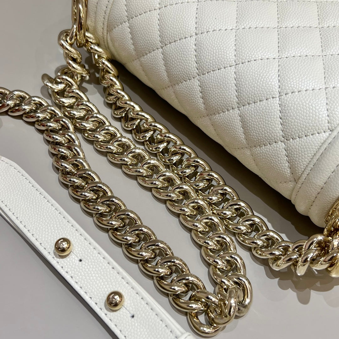 CH SMALL BOY HANDBAG 20 Small Grained Calfskin Ivory White