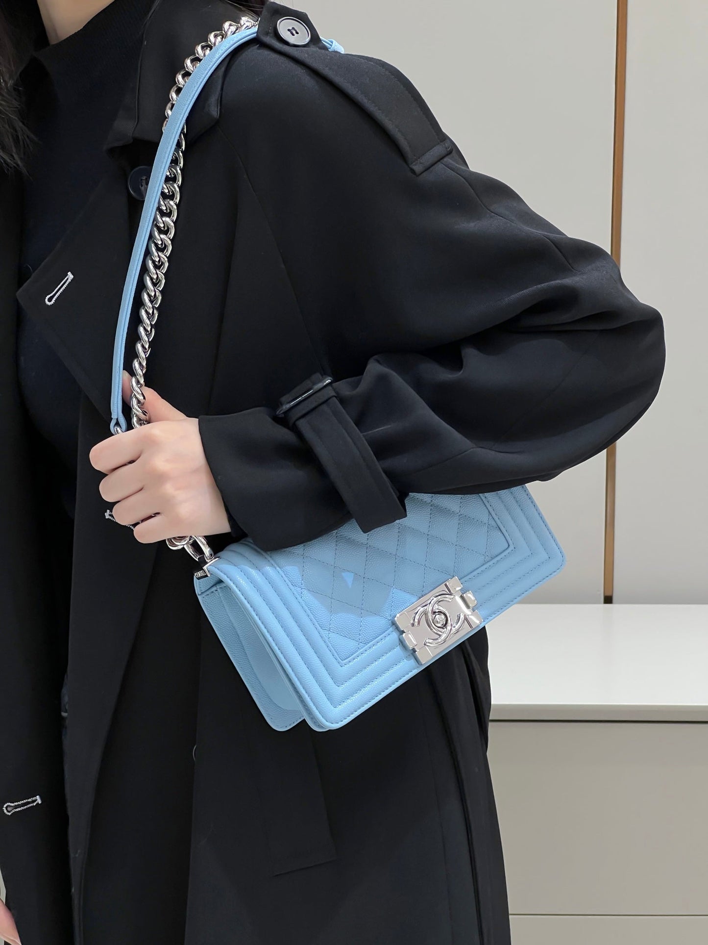 CH SMALL BOY HANDBAG 20 Small Grained Calfskin Light Blue