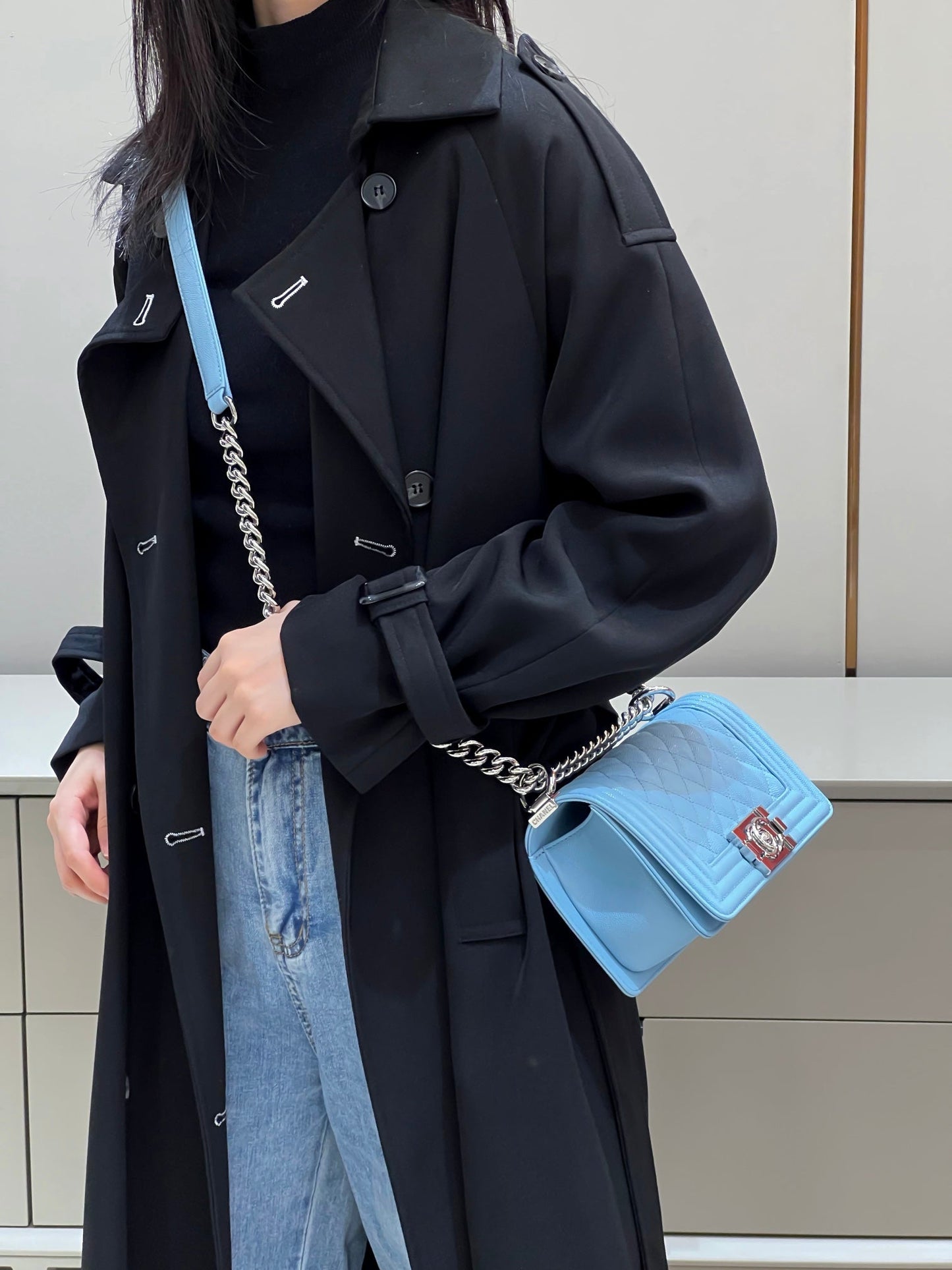 CH SMALL BOY HANDBAG 20 Small Grained Calfskin Light Blue