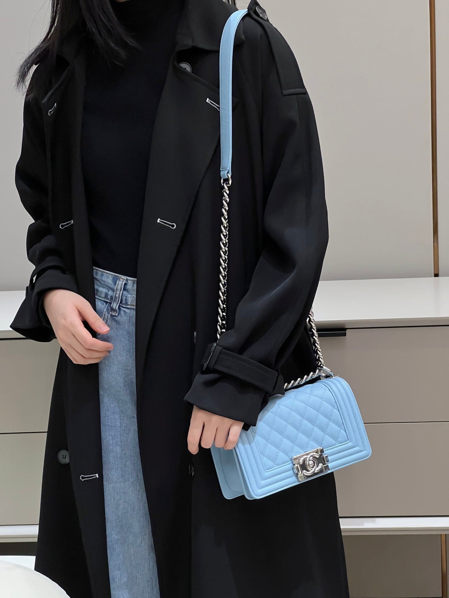 CH SMALL BOY HANDBAG 20 Small Grained Calfskin Light Blue